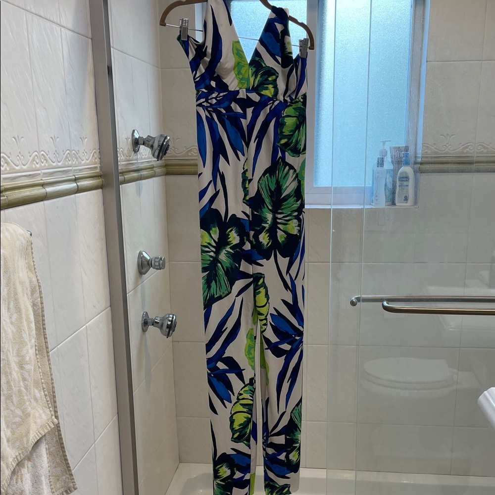 Tropical Leaf Print Jumpsuit - Blue and Green